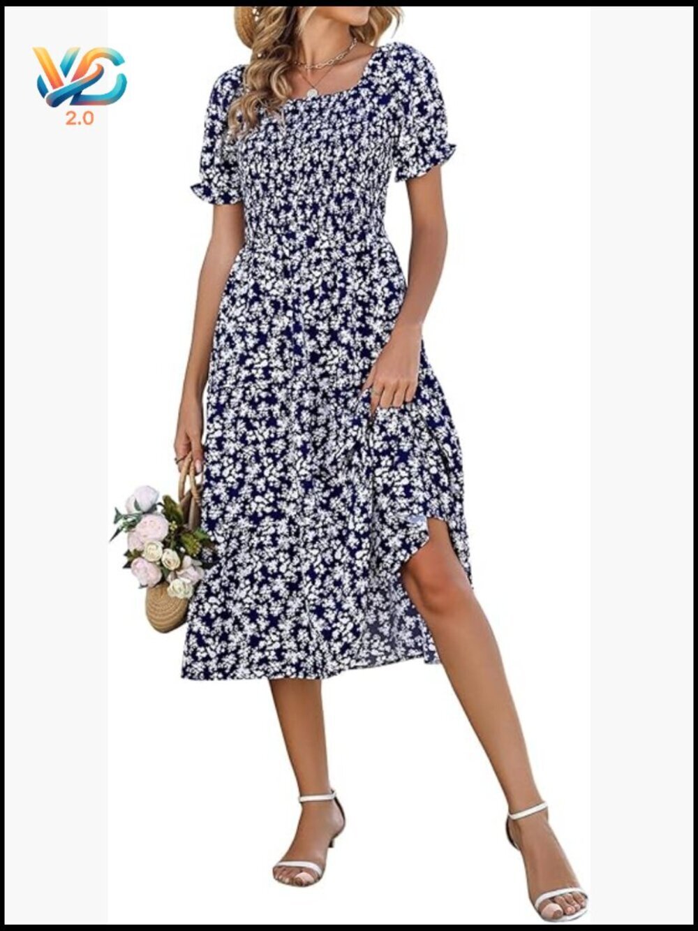 Smocked Square Neck Midi Dress with Pockets